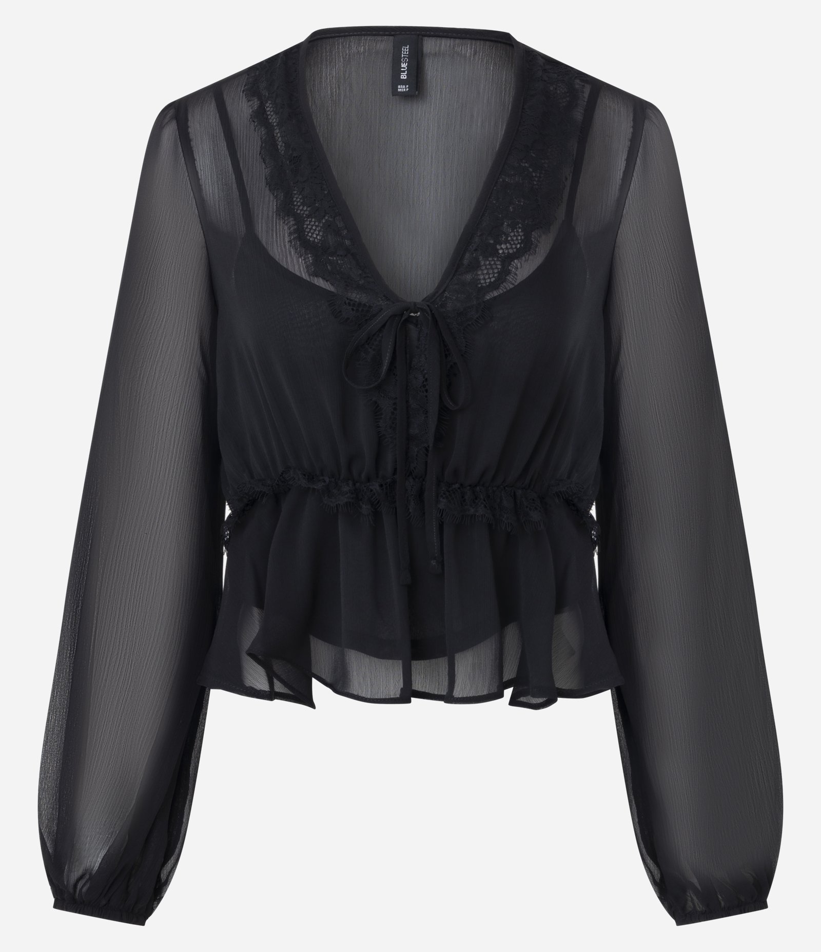 Blusa com Transparência e Aplicação de Renda Preto 1