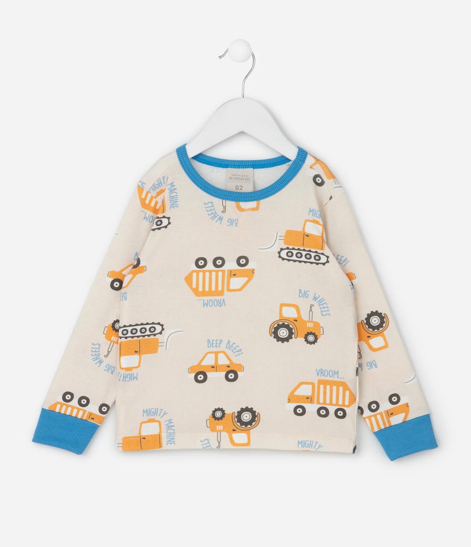 Pijama Infantil em Ribana com Estampa Tratores – Tam 1 a 6 Anos Bege Claro 3