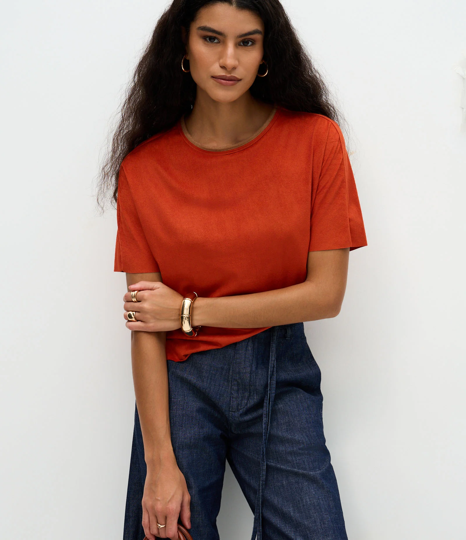 Blusa em Suede com Gola Contrastante Laranja 1
