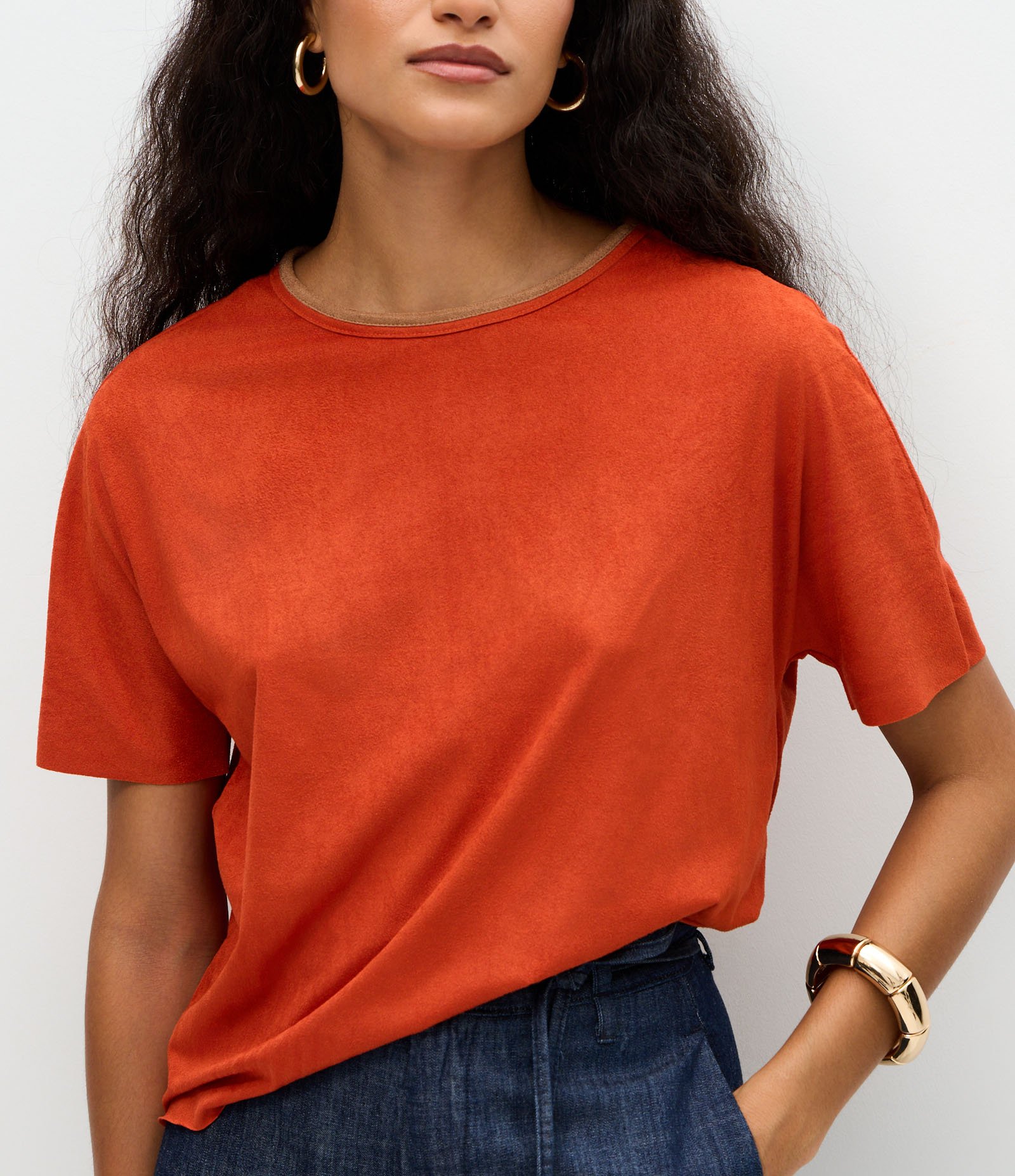 Blusa em Suede com Gola Contrastante Laranja 4