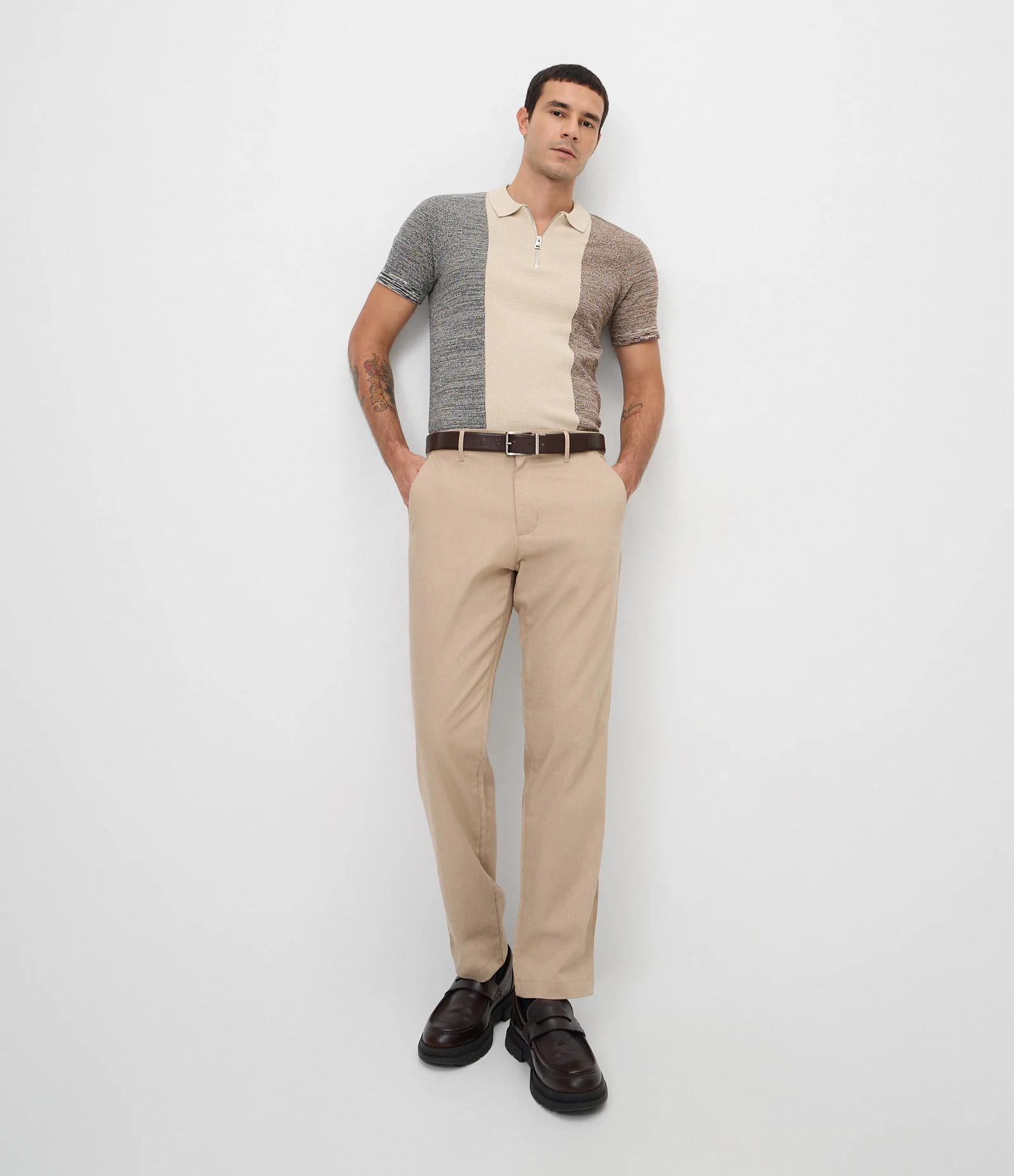 Polo Regular em Tricô Texturizado Tricolor Bege 2