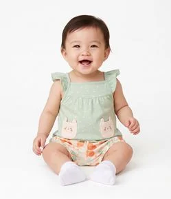 Conjunto Infantil Em Algodão Bolsinhos com Carinhas e Estampa Borboletas - Tam 0 a 18 Meses
