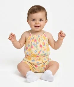 Macaquinho Infantil Em Algodão Estampa Frutas com Lastex e Alcinhas - Tam 0 a 18 Meses