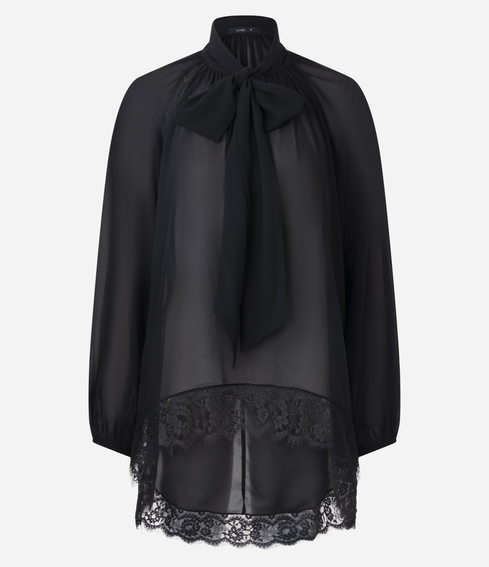 Blusa em Chiffon com Gola Laço e Renda na Barra Preto 1