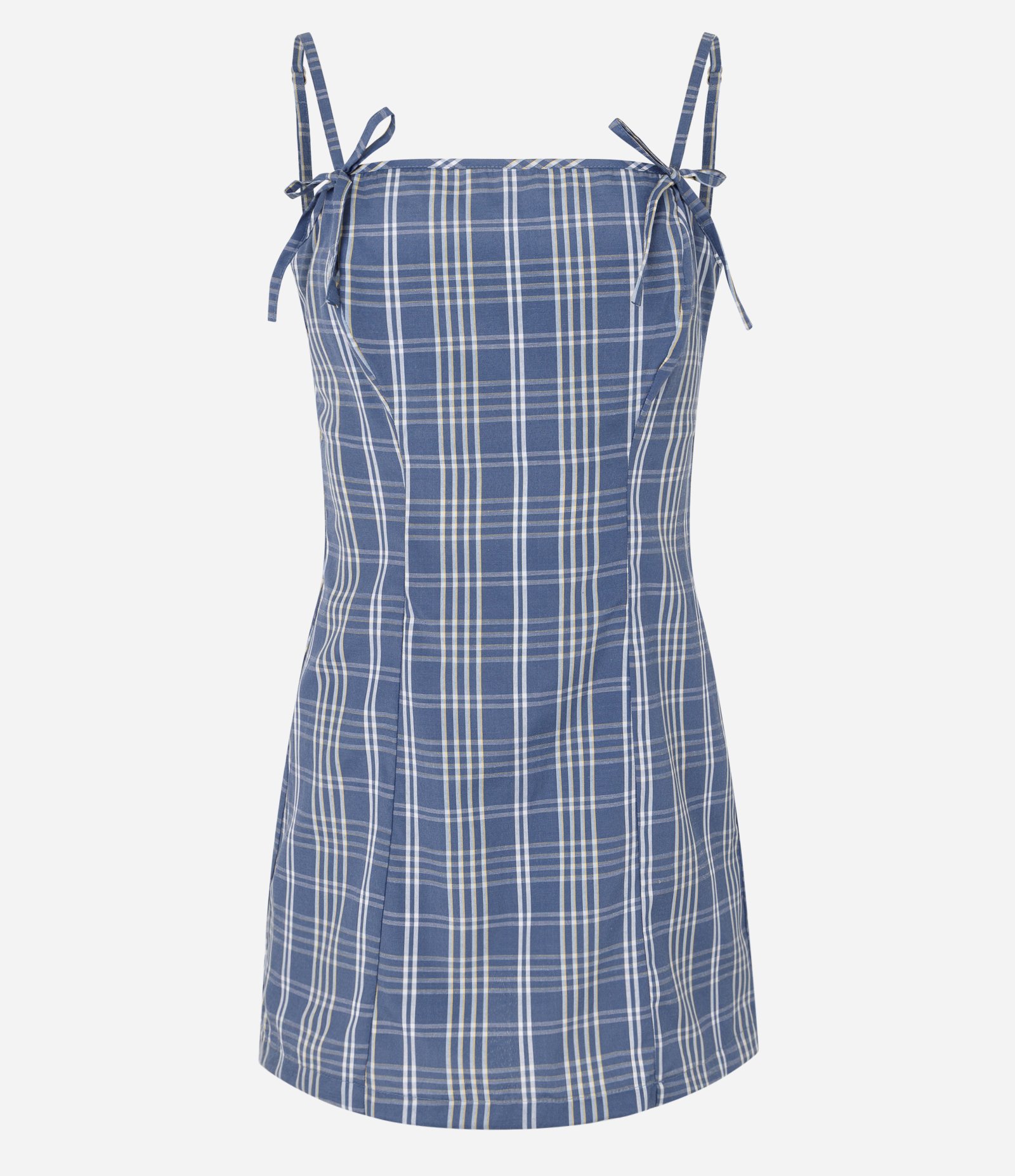 Vestido Curto Xadrez em Tricoline com Alças Finas e Laço Azul 1