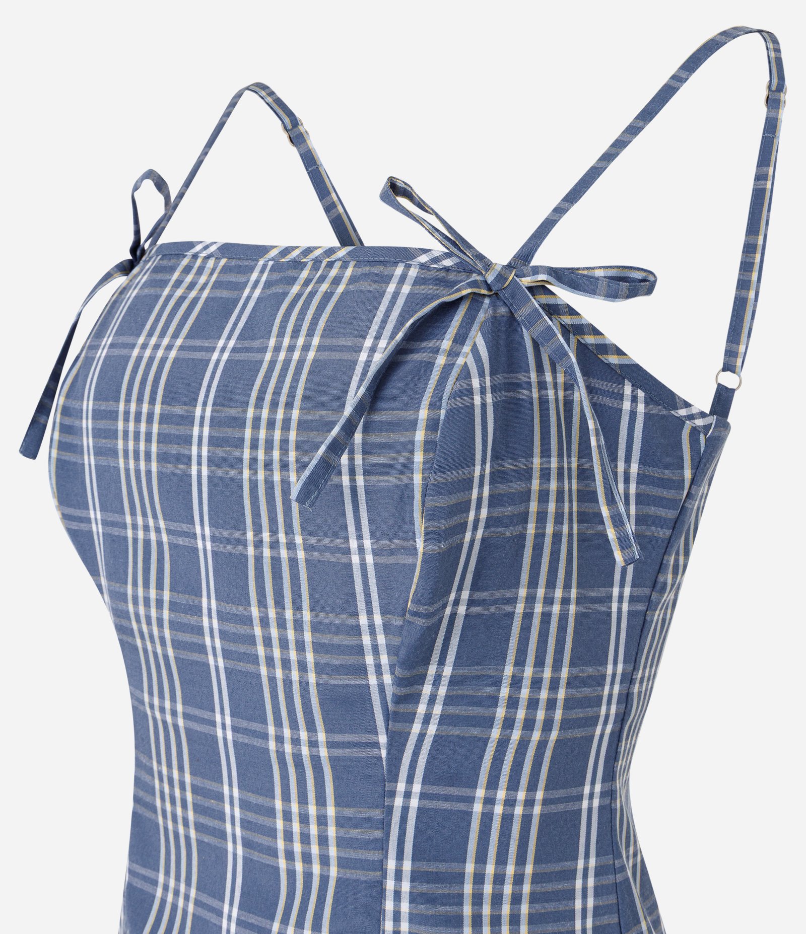 Vestido Curto Xadrez em Tricoline com Alças Finas e Laço Azul 2