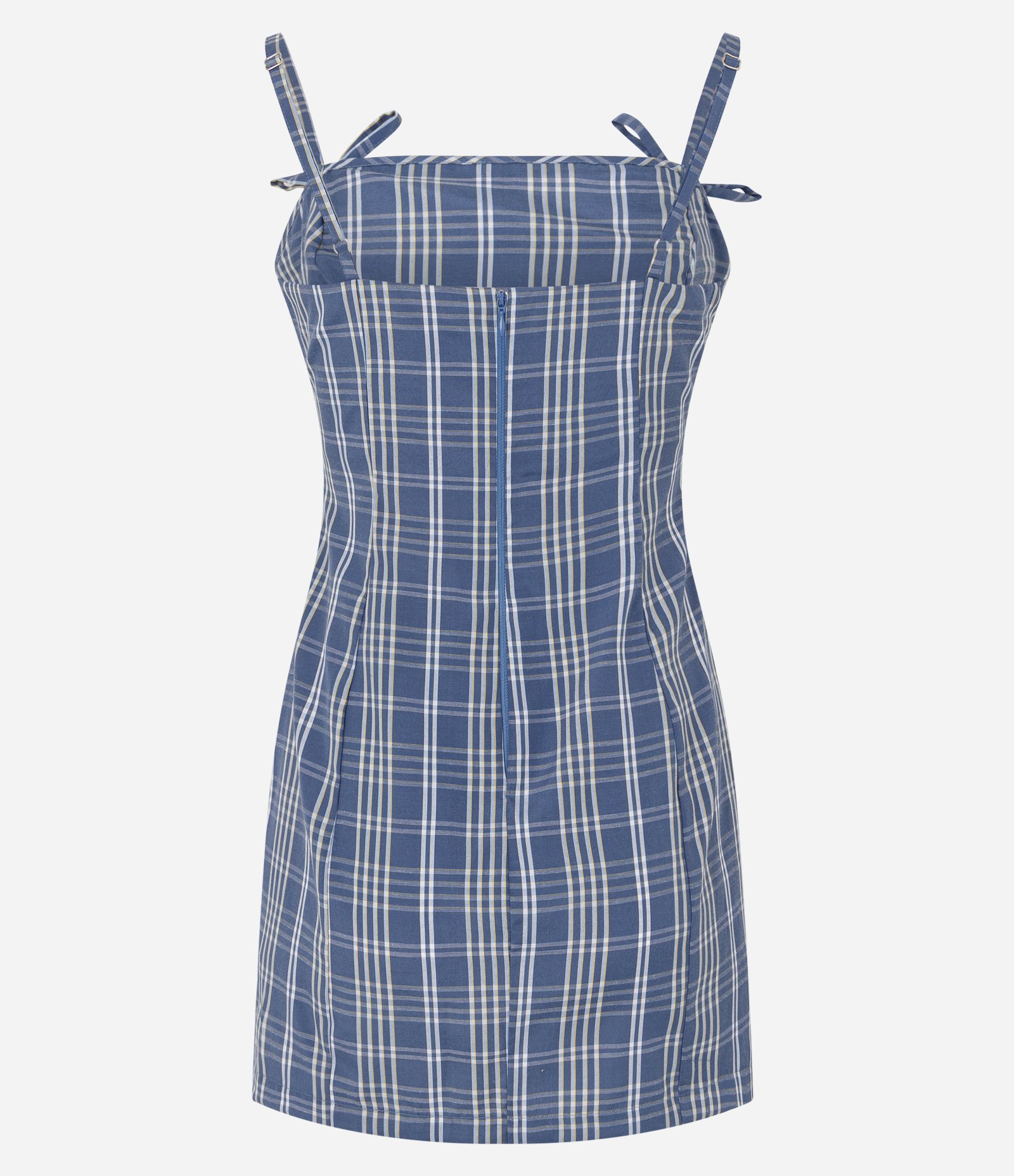 Vestido Curto Xadrez em Tricoline com Alças Finas e Laço Azul 3