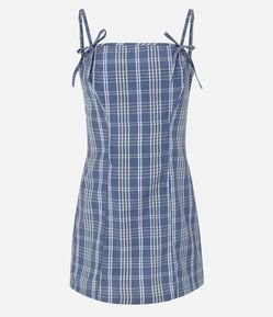 Vestido Curto Xadrez em Tricoline com Alças Finas e Laço