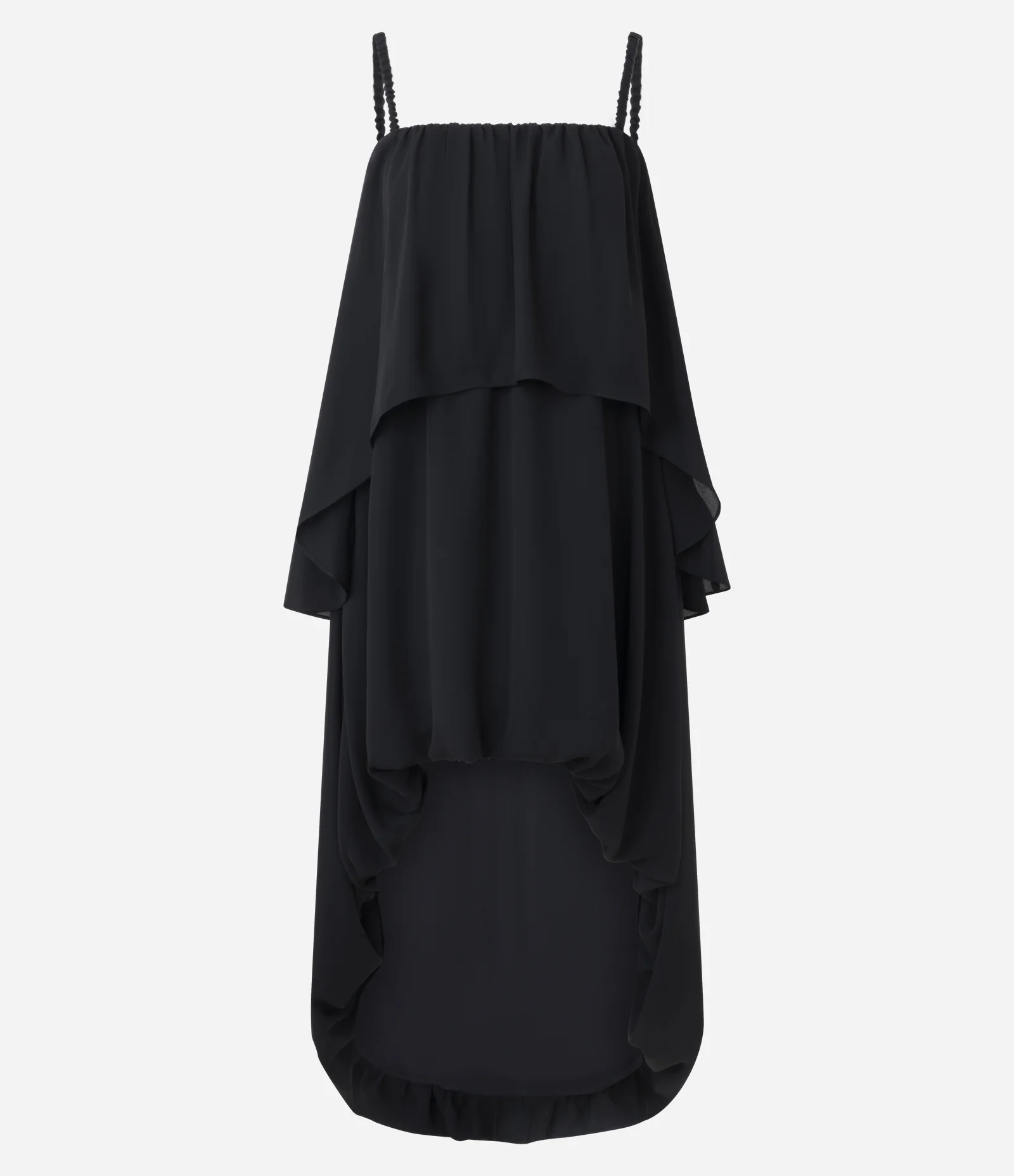 Vestido Mullet Alcinha em Crepe com Babados Preto 1