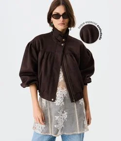 Jaqueta Bomber em Suede com Gola Alta e Elástico na Barra