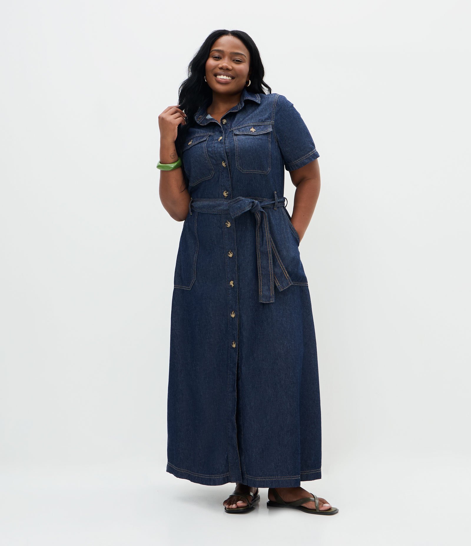 Vestido Chemise Jeans Midi com Cinto Curve & Plus Size Azul 1