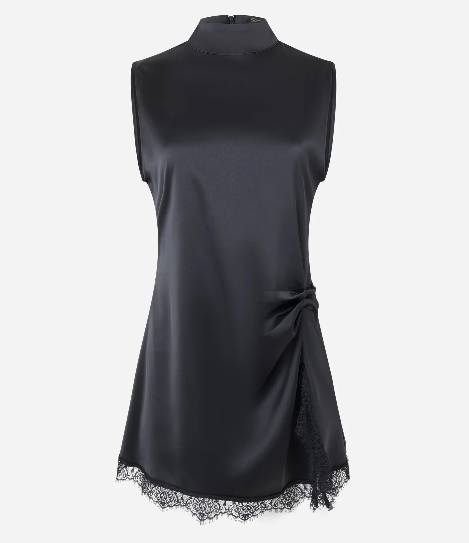 Vestido Curto Acetinado com Gola Halter e Renda na Barra Preto 1