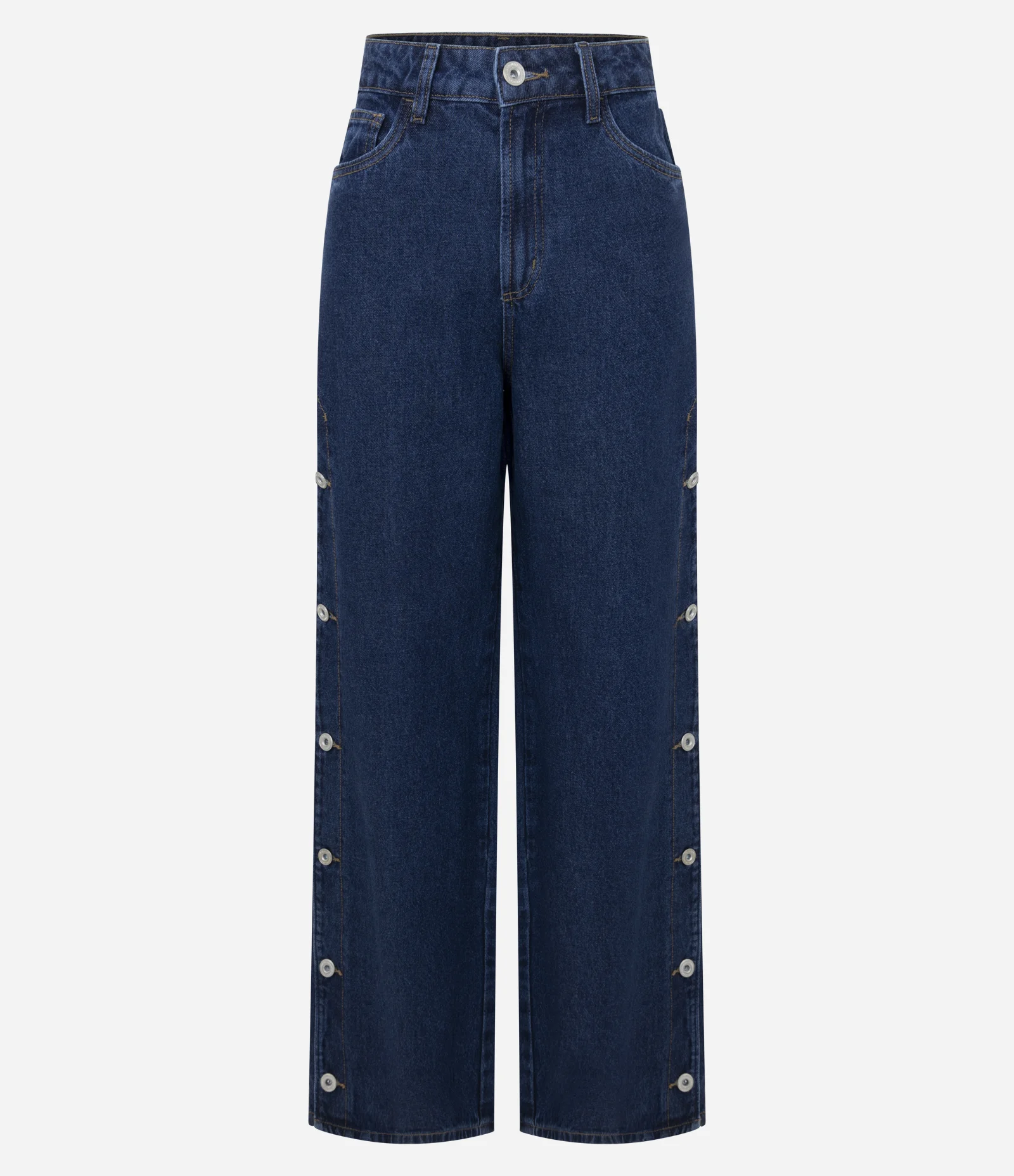 Calça Reta Ampla em Jeans com Cintura Alta e Aberturas Laterais Azul Escuro 1