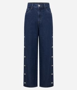 Calça Reta Ampla em Jeans com Cintura Alta e Aberturas Laterais