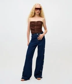 Calça Reta Ampla em Jeans com Cintura Alta e Aberturas Laterais