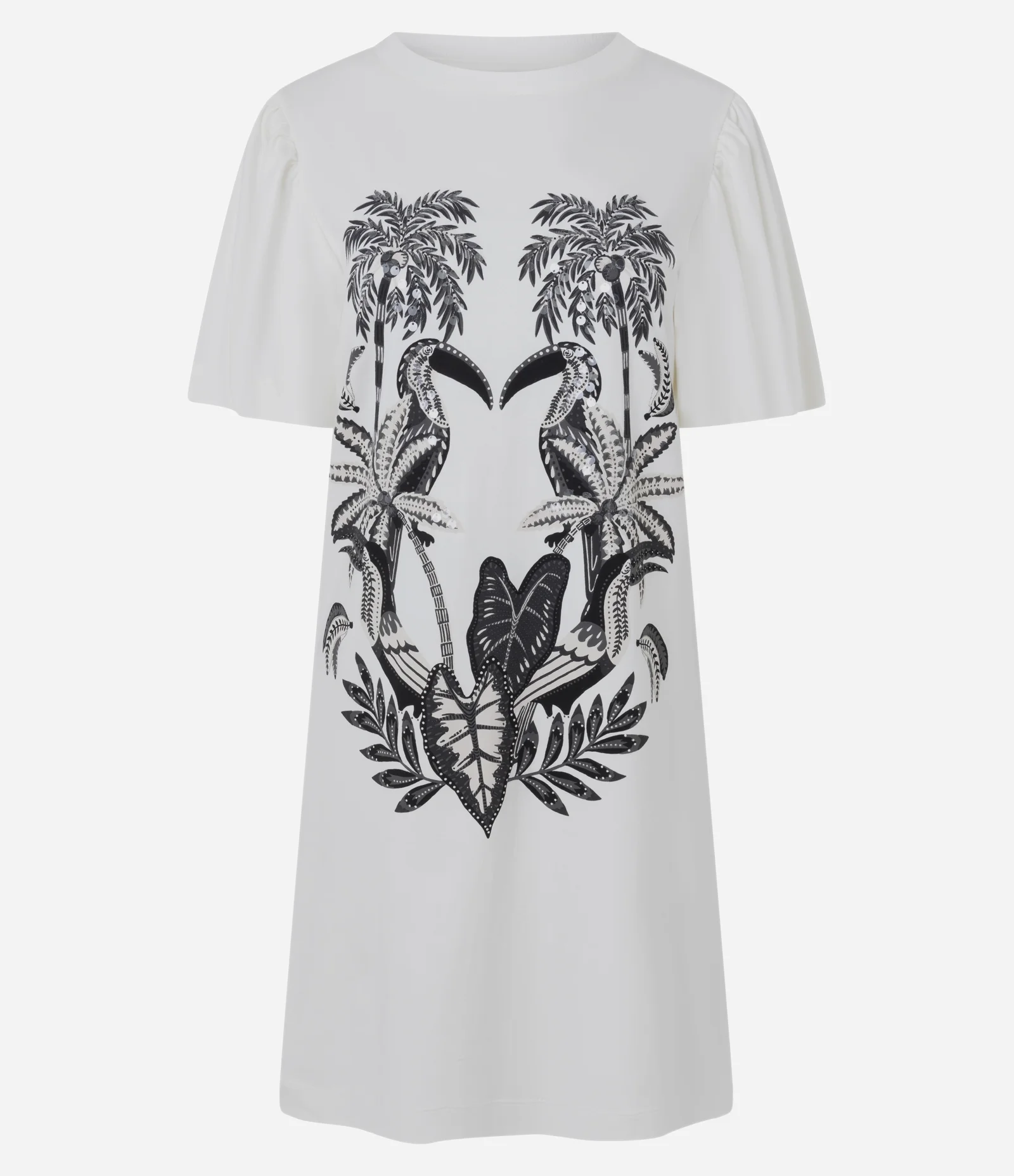 Vestido Curto com Manga Bufante e Estampa Tropical Branco 1