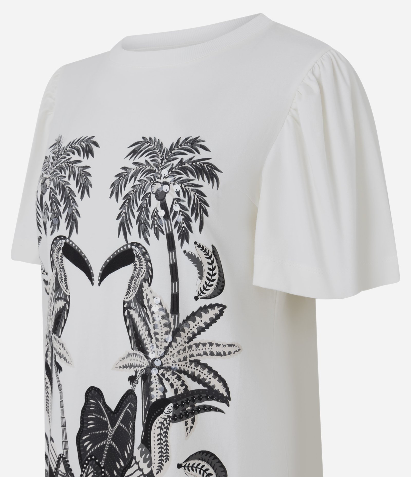 Vestido Curto com Manga Bufante e Estampa Tropical Branco 2