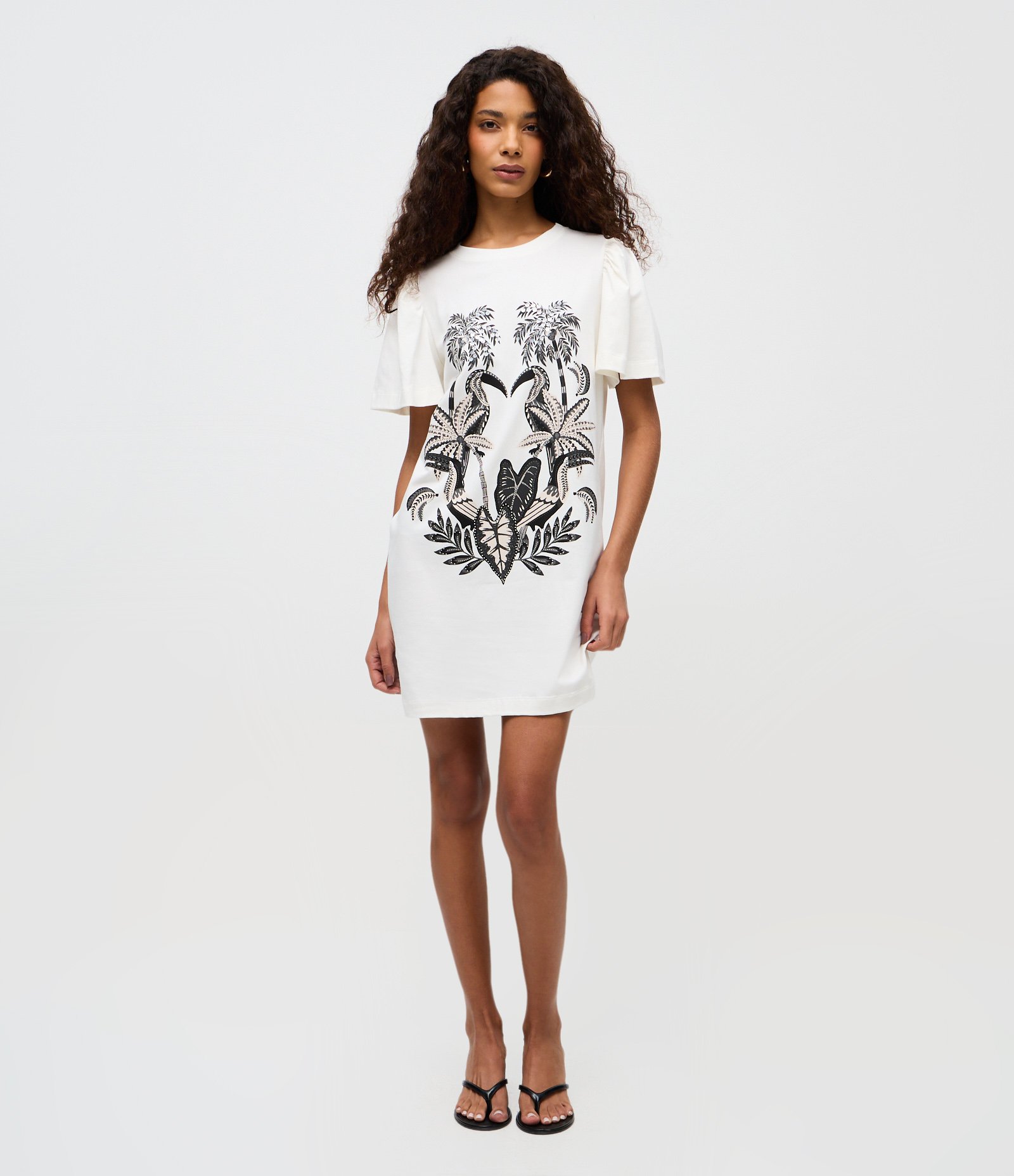 Vestido Curto com Manga Bufante e Estampa Tropical Branco 1
