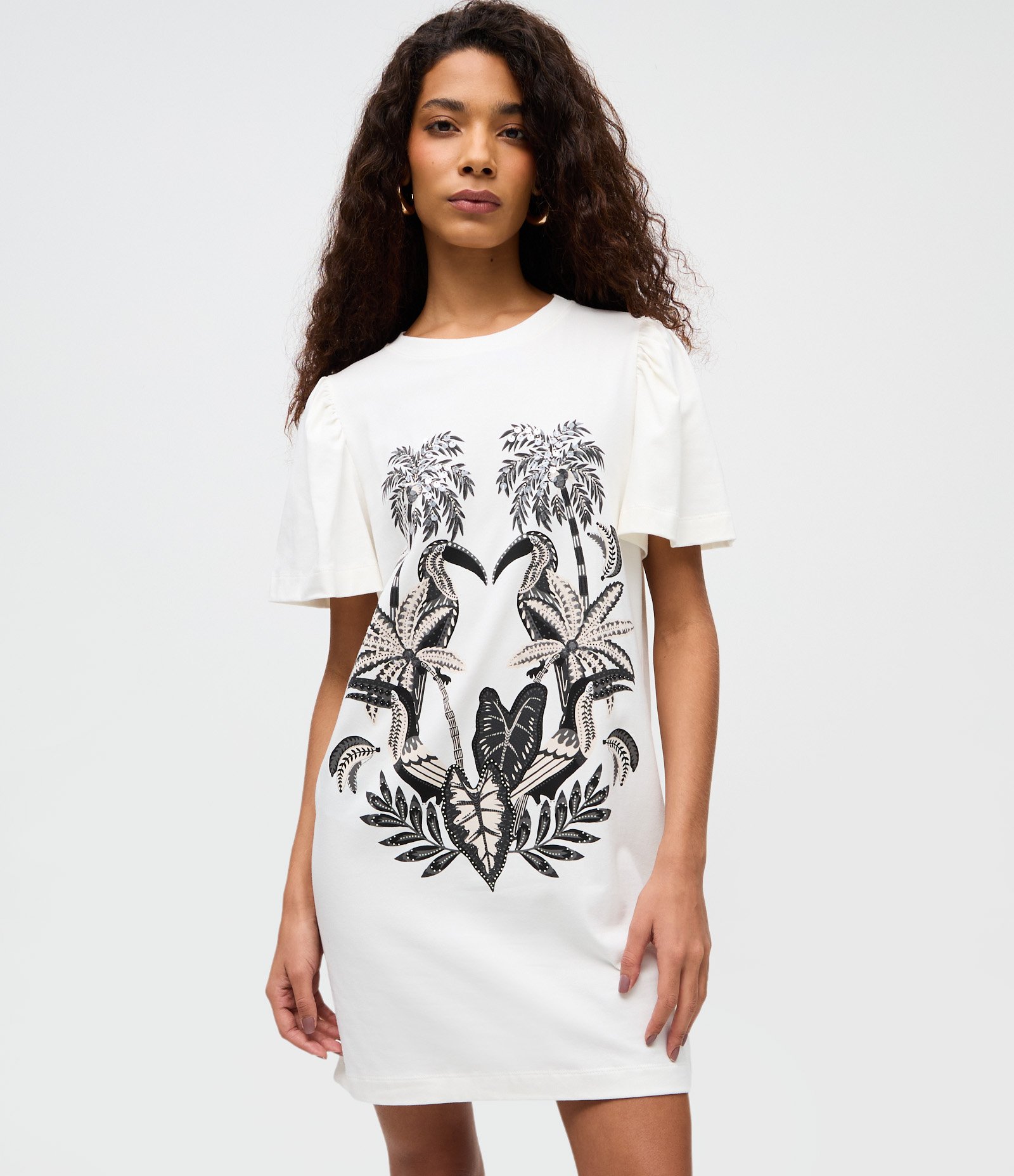 Vestido Curto com Manga Bufante e Estampa Tropical Branco 2