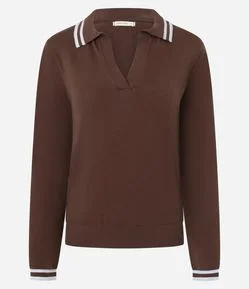 Blusa em Tricô com Gola Polo e Viés Contrastantes