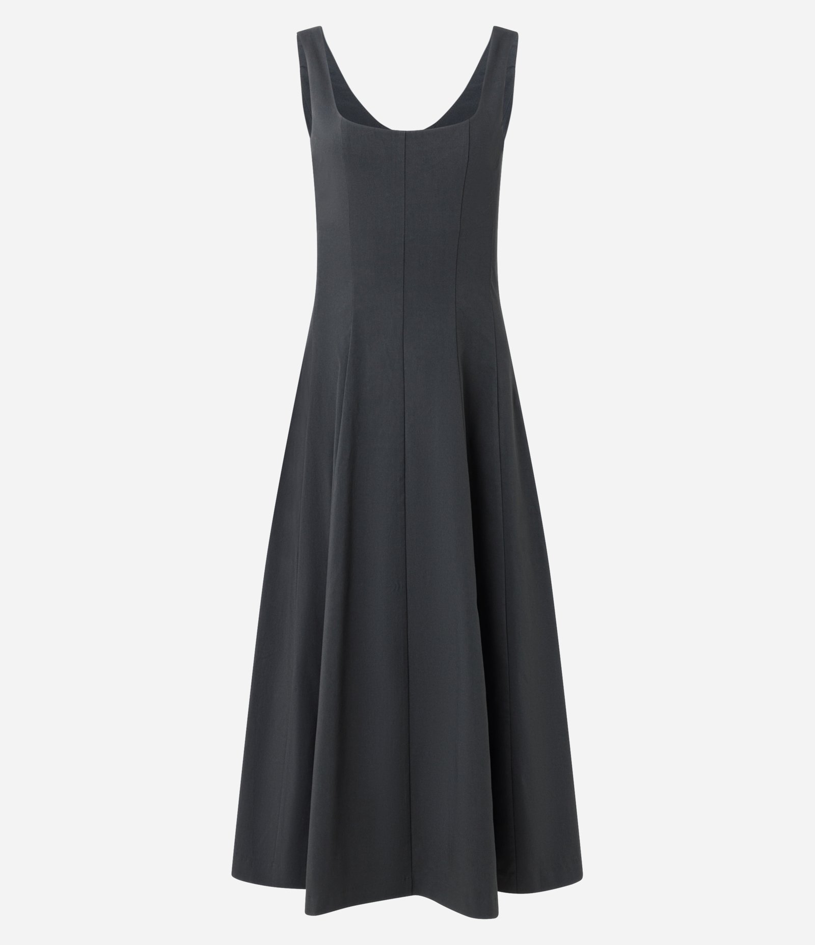 Vestido Evasê Midi em Viscose com Decote Quadrado e Recortes Cinza 1