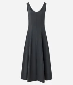 Vestido Evasê Midi em Viscose com Decote Quadrado e Recortes