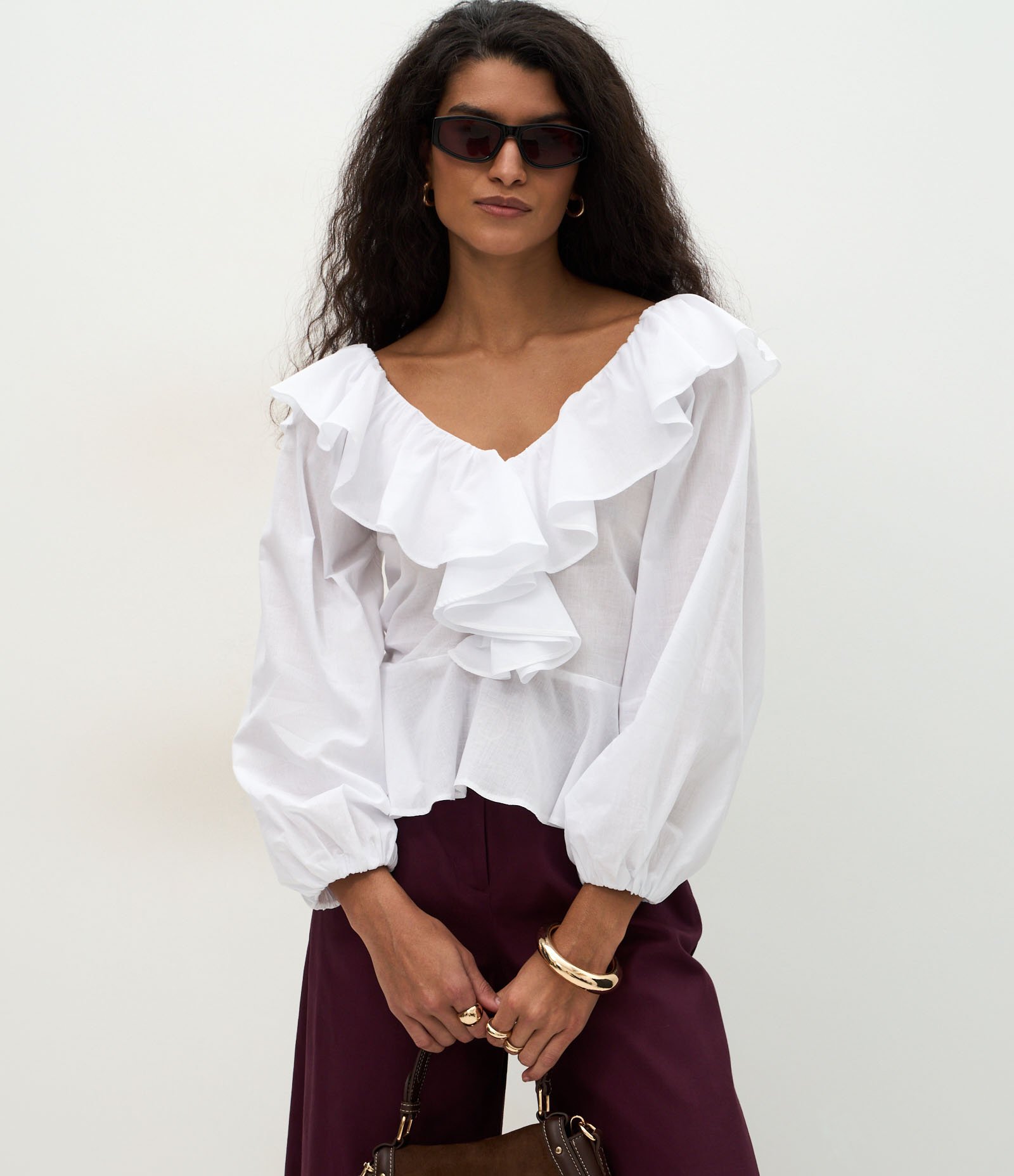 Bata Peplum com Manga Bufante e Babados Branco 1