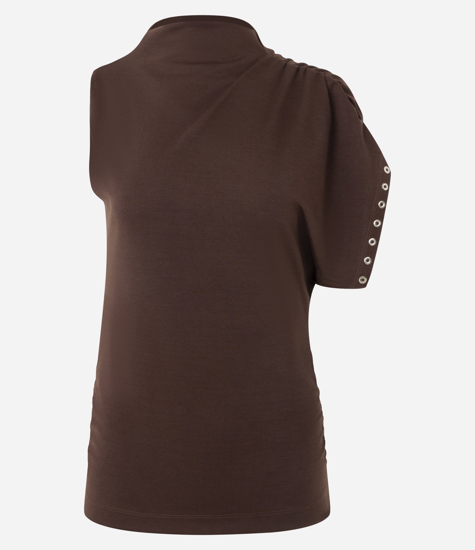 Blusa com Um Ombro Só e Gola Alta Marrom 1