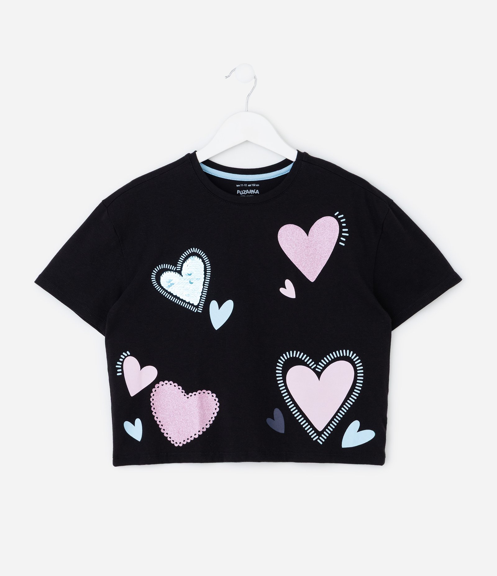 Camiseta Infantil Manga Curta com Coração em Paetê – Tam 5 a 14 Anos Preto 1