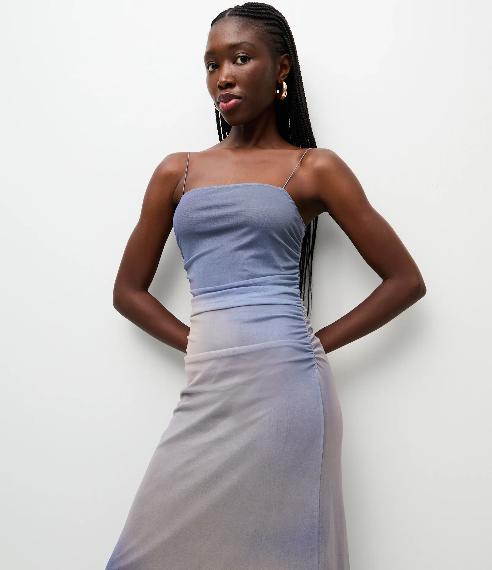 Vestido Longo Alcinha em Tule Estampado e Decote Quadrado Azul 2