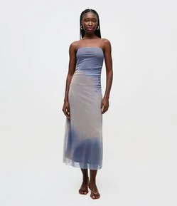 Vestido Longo Alcinha em Tule Estampado e Decote Quadrado