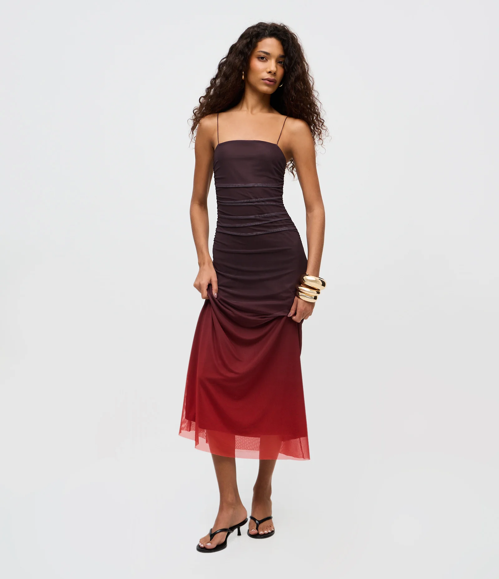 Vestido Longo Degradê com Sobreposição em Tule Vermelho 2