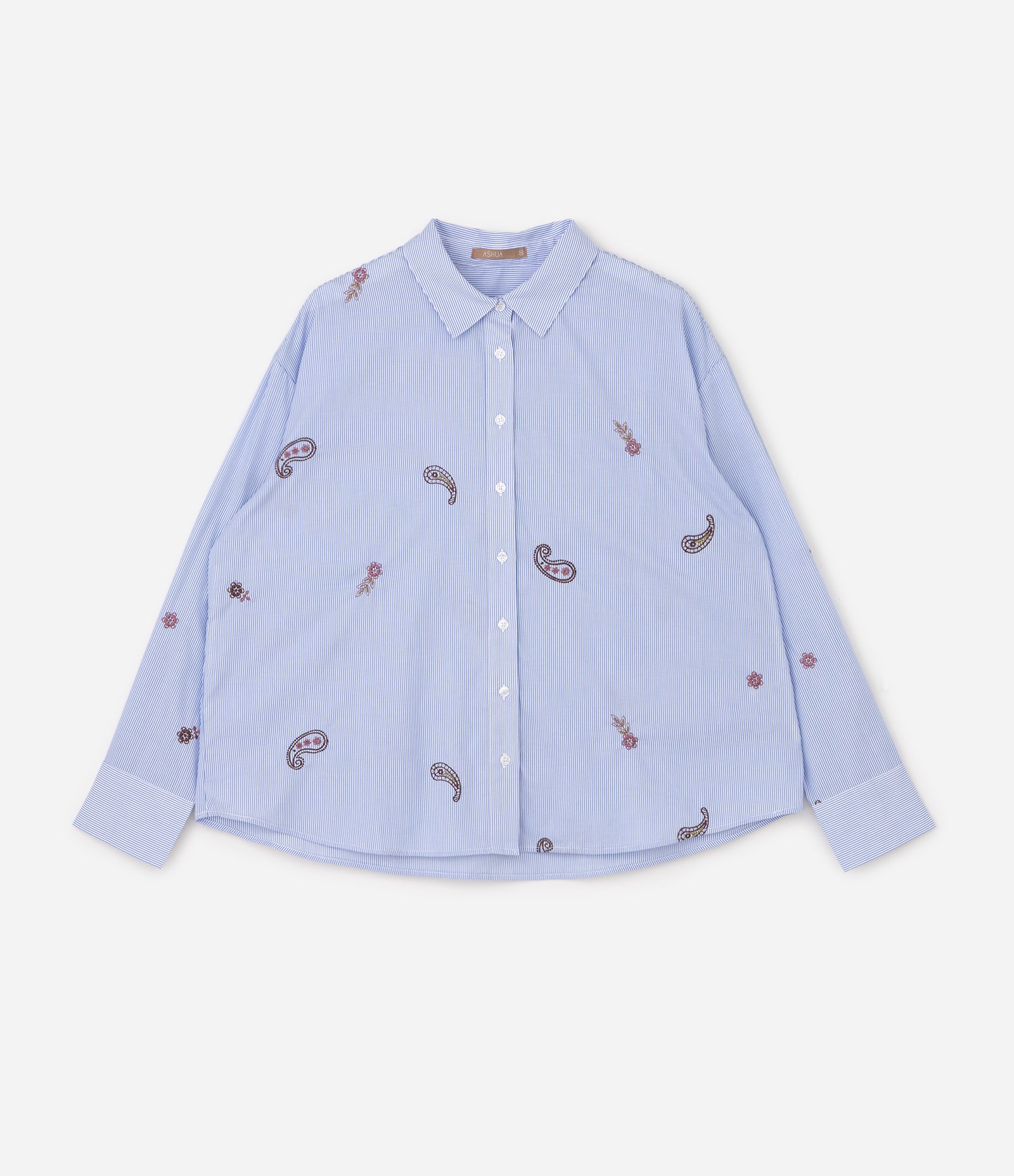 Camisa Tricoline Regular com Paisley Bordado e Listrada Curve & Plus Size Azul 5