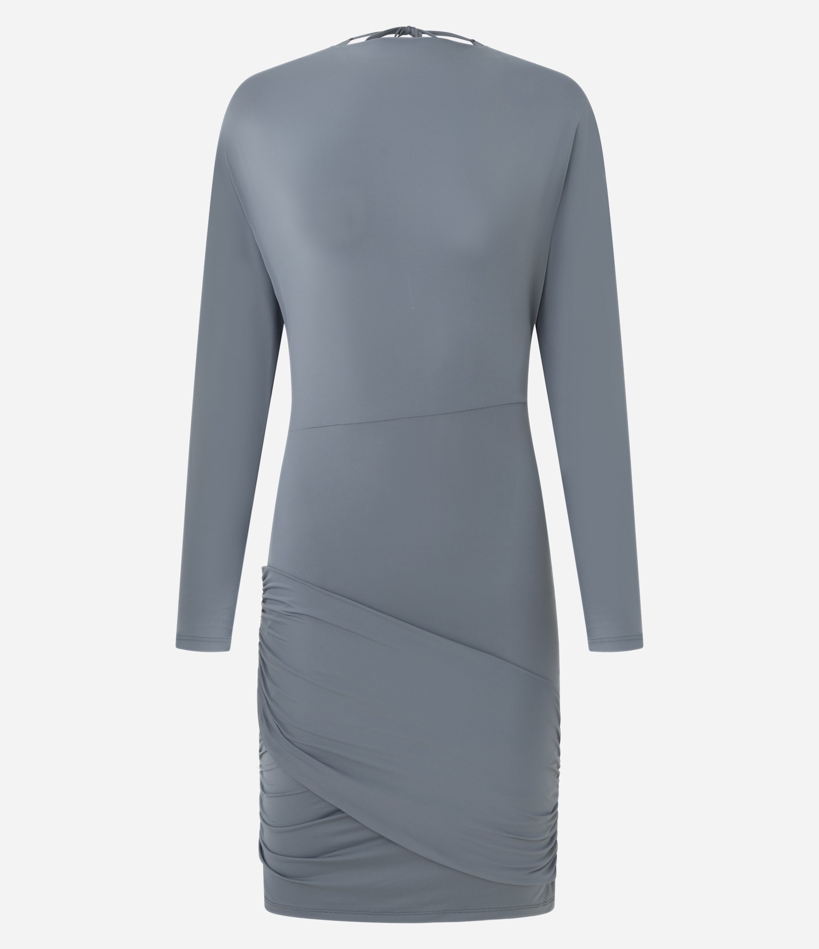 Vestido Curto em Jersey com Abertura nas Costas e Drapeado Assimétrico Cinza 5