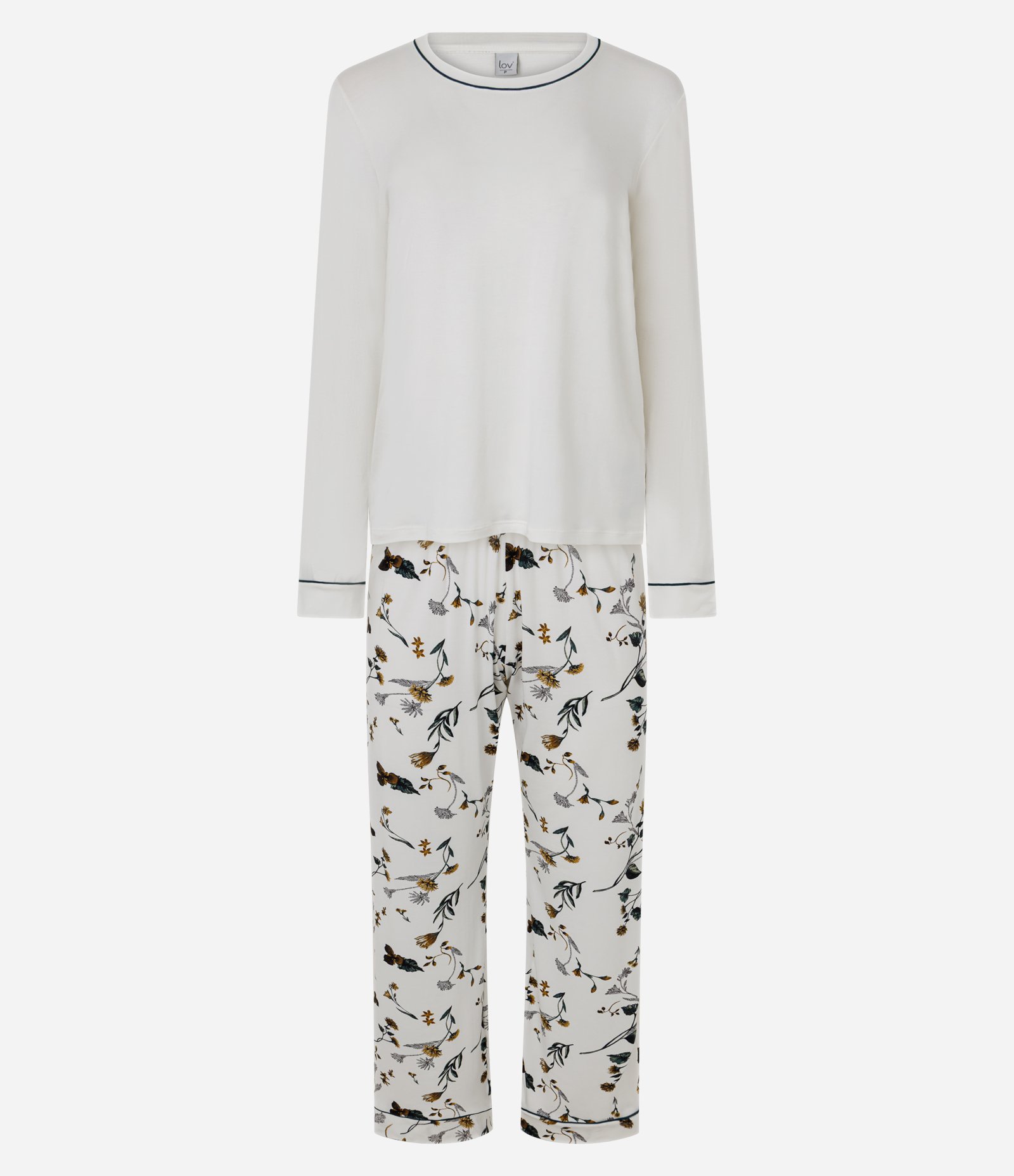 Pijama Longo em Viscolycra com Viés Contrastante e Estampa Floral Branco 4