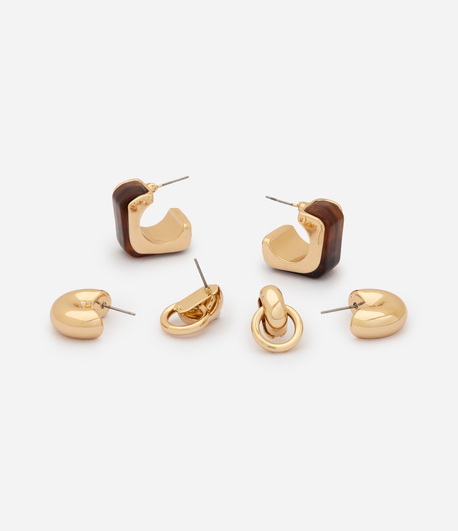 Kit 03 Brincos Argola em Metal com Designs Variados Dourado 2