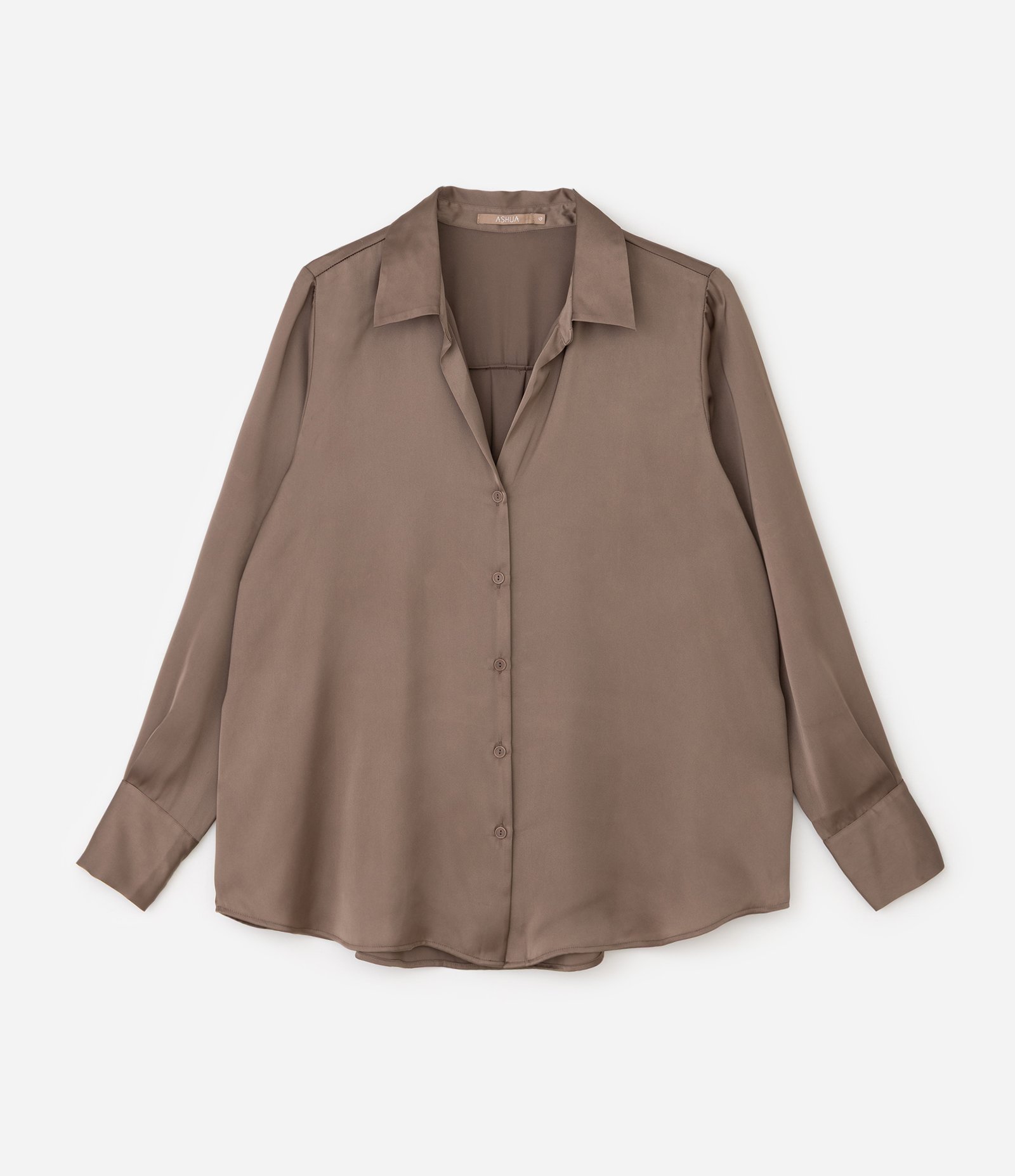 Camisa Regular em Cetim com Vista de Botões Marrom Claro 5