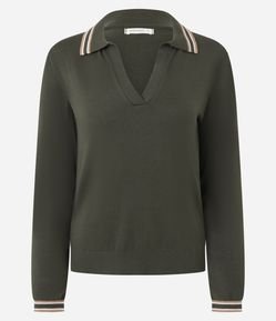 Blusa em Tricô com Gola Polo e Viés Contrastantes