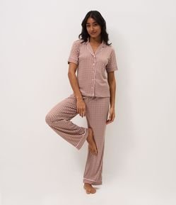 Pijama Longo Americano em Ribana com Estampa Xadrez Vichy