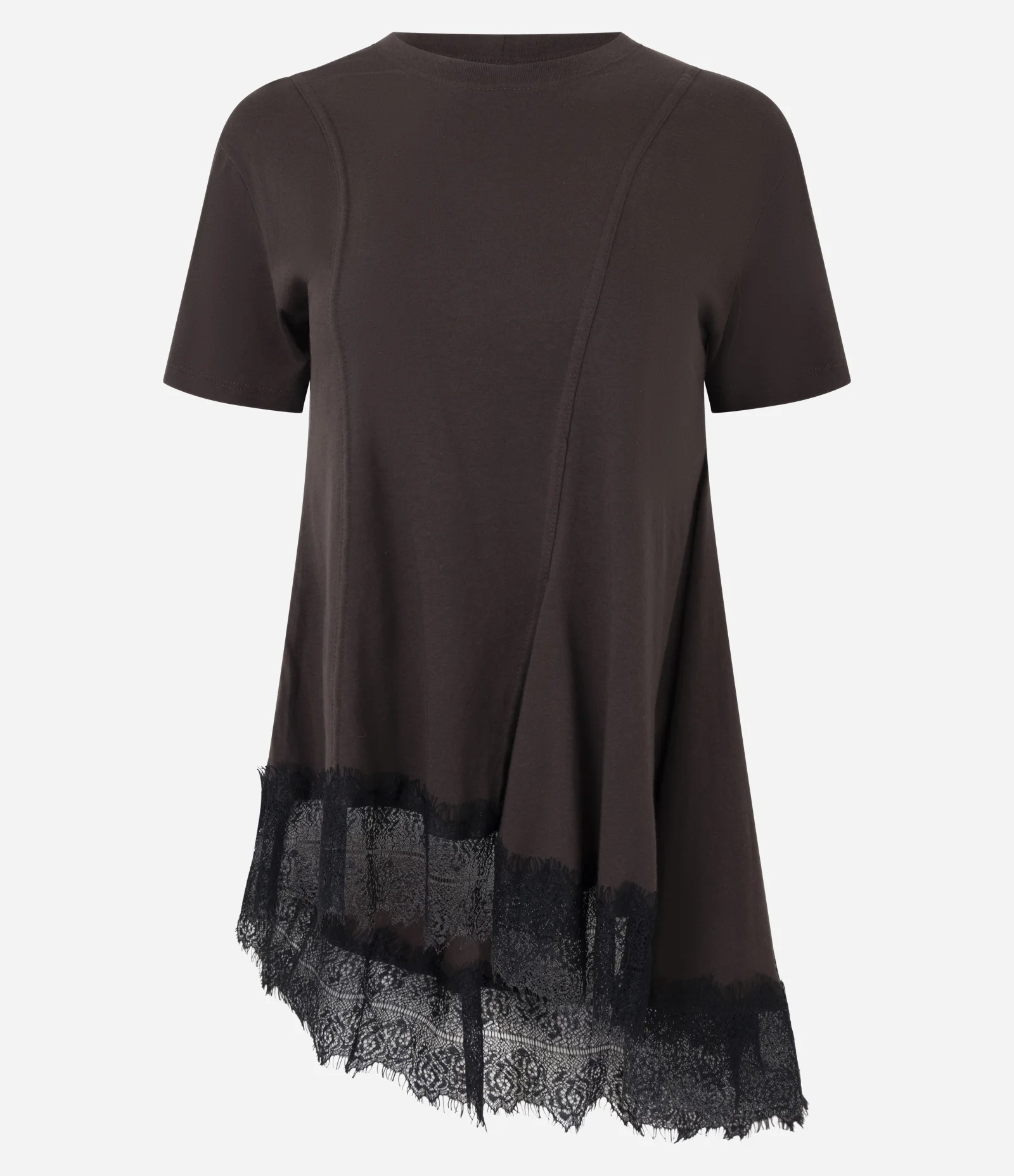 Camiseta em Algodão com Barra Assimétrica e Rendada Marrom 4