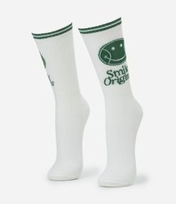 Meia Cano Alto em Algodão com Estampa Smiley