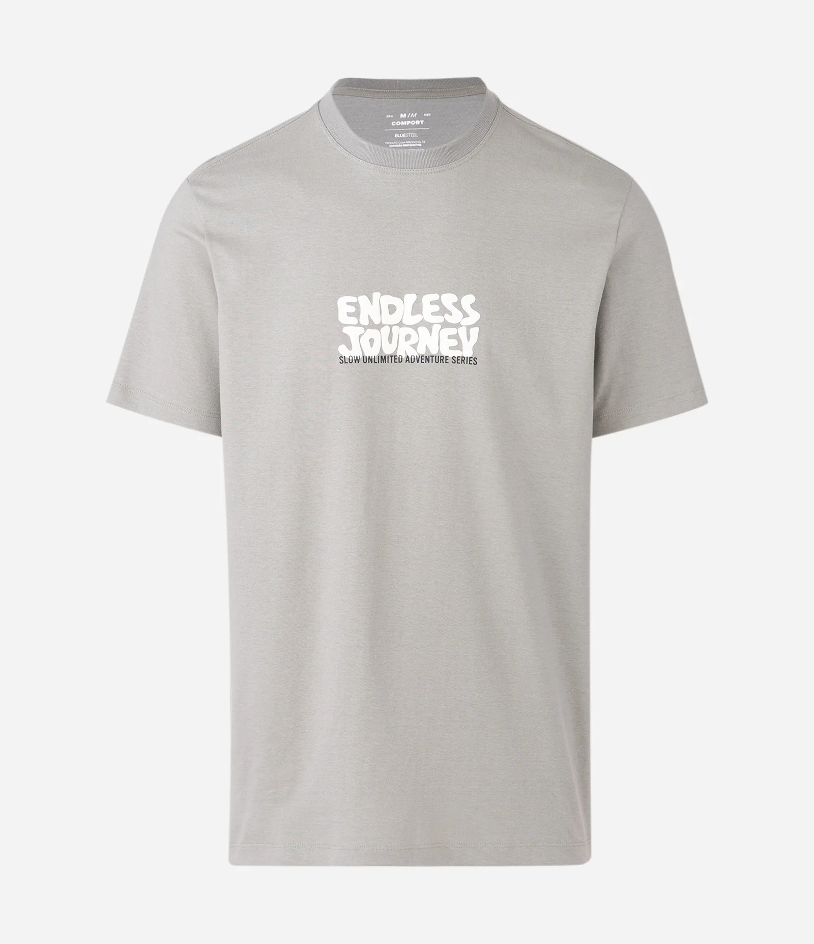 Camiseta Comfort Manga Curta em Algodão com Lettering Endless Journey Cinza 1