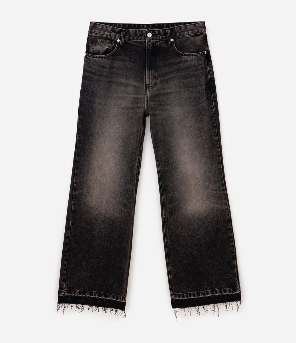 Calça Baggy Flare em Jeans com Barra Desfeita Preto
