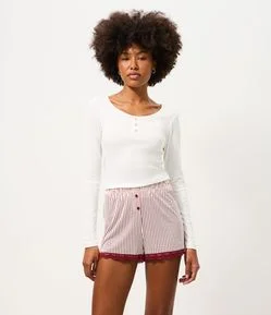 Short de Pijama em Viscolycra com Estampa de Listras e Rendinha