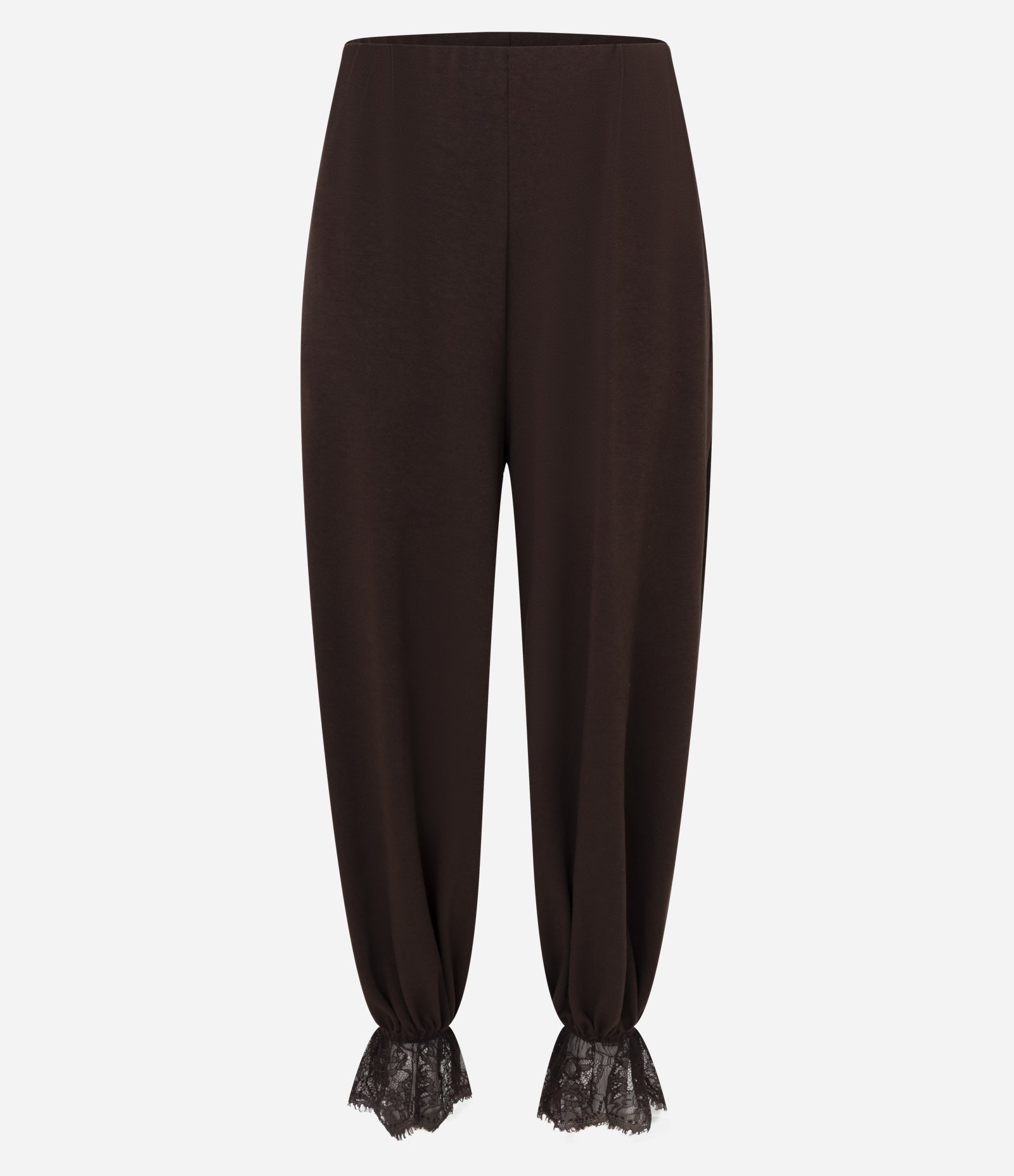 Calça Aladim em Crepe com Aplicação de Renda na Barra Marrom 1