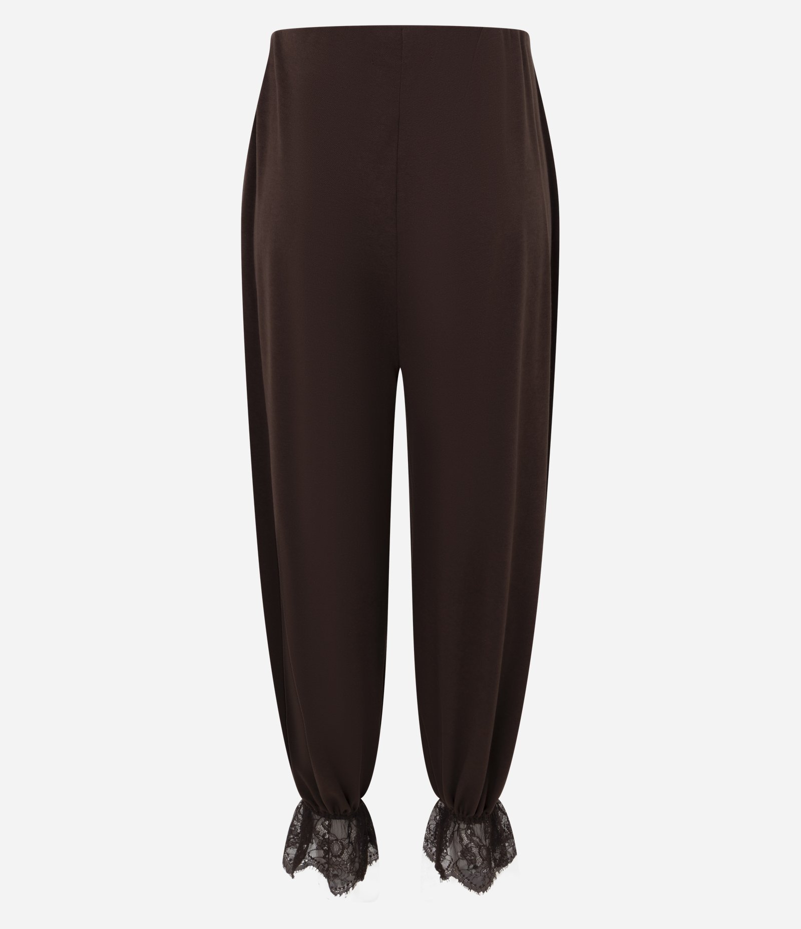 Calça Aladim em Crepe com Aplicação de Renda na Barra Marrom 2