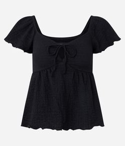 Blusa em Algodão Texturizado com Decote V e Amarração