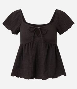 Blusa em Algodão Texturizado com Decote V e Amarração