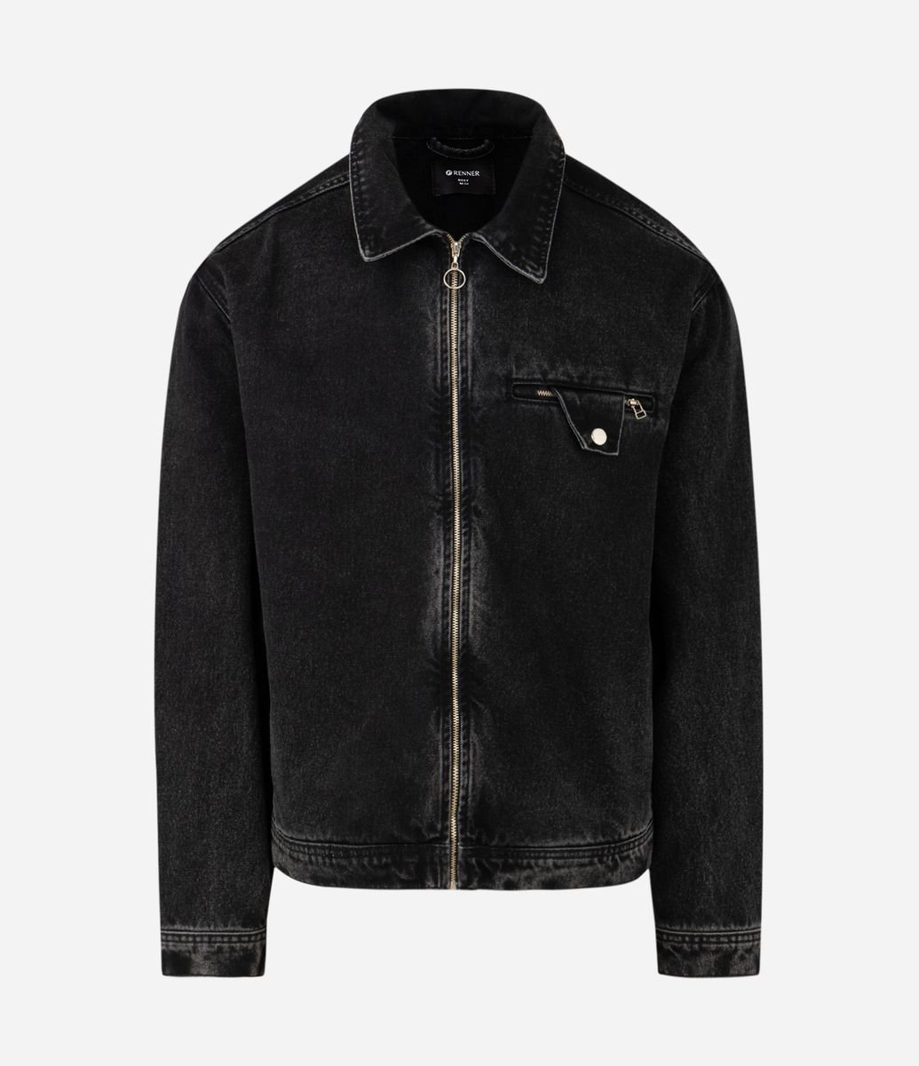 Jaqueta Jeans com Zíper Boxy Preto