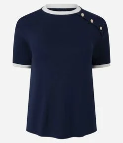Blusa Manga Curta em Ribana Com Botões no Ombro